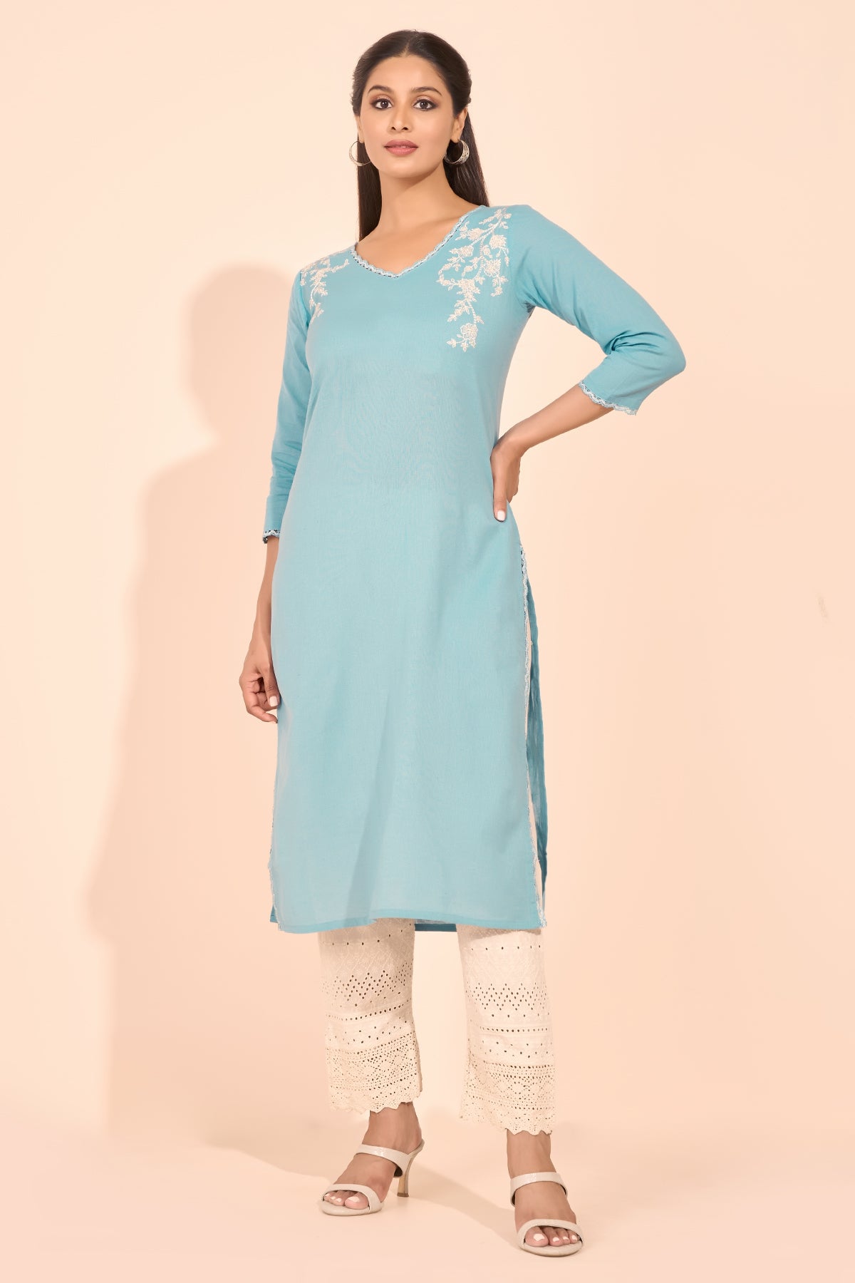 Floral Embroidered Lace Embellished Kurta - Blue