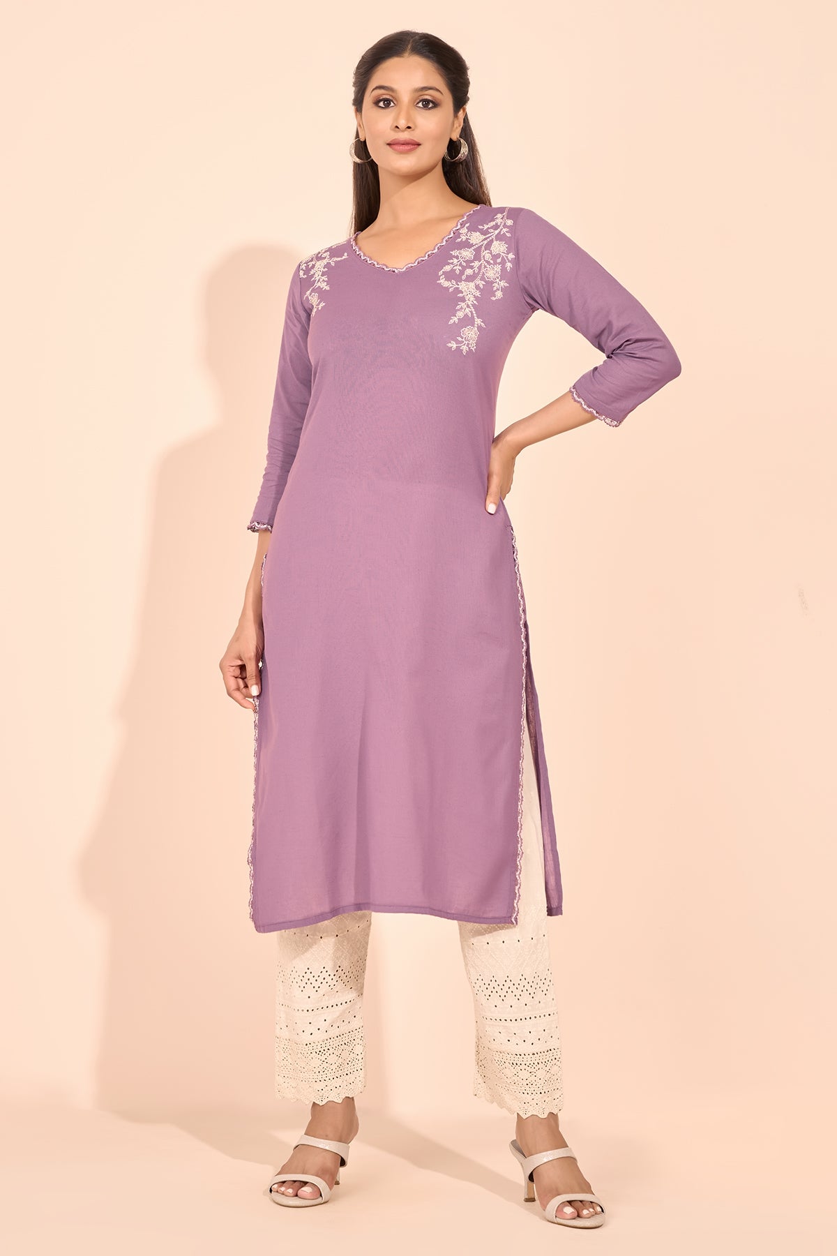 Floral Embroidered Lace Embellished Kurta - Purple