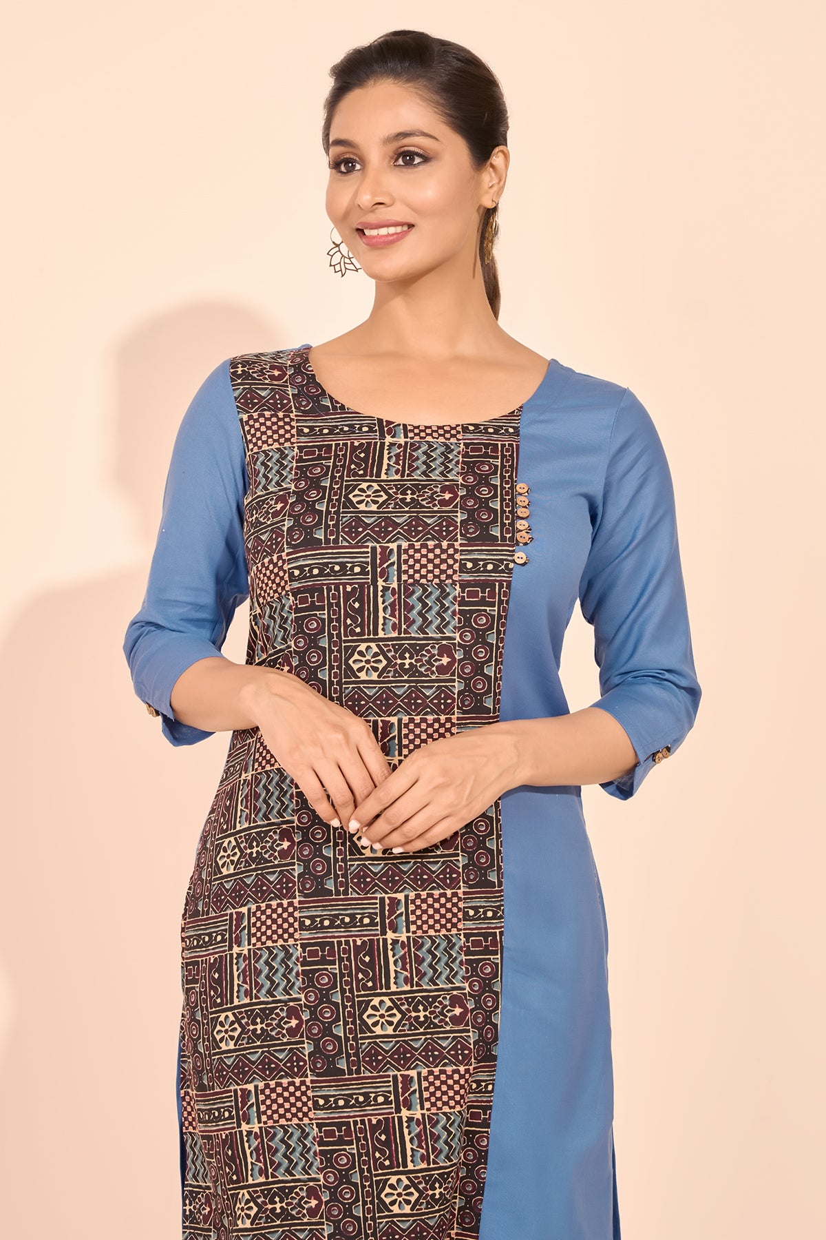 Block Printed Paneled Kurta - Blue