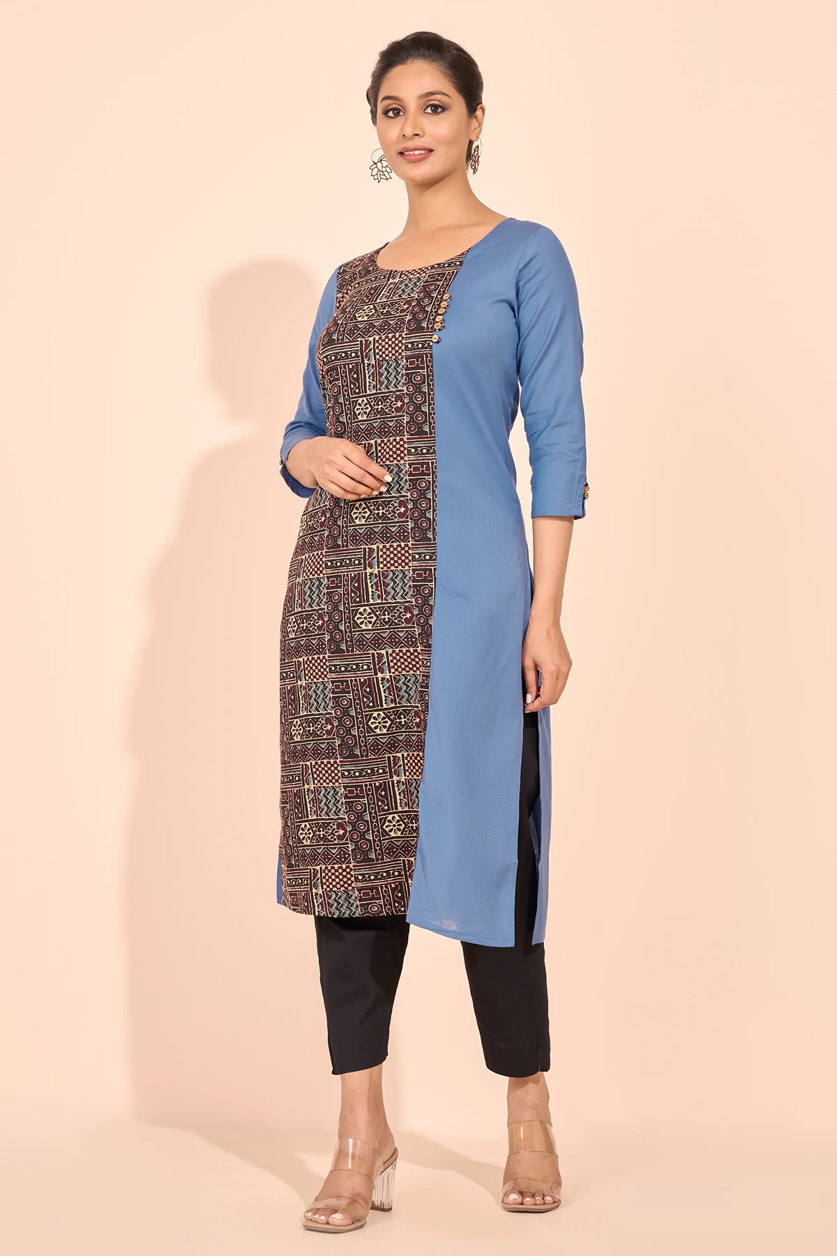 Block Printed Paneled Kurta - Blue