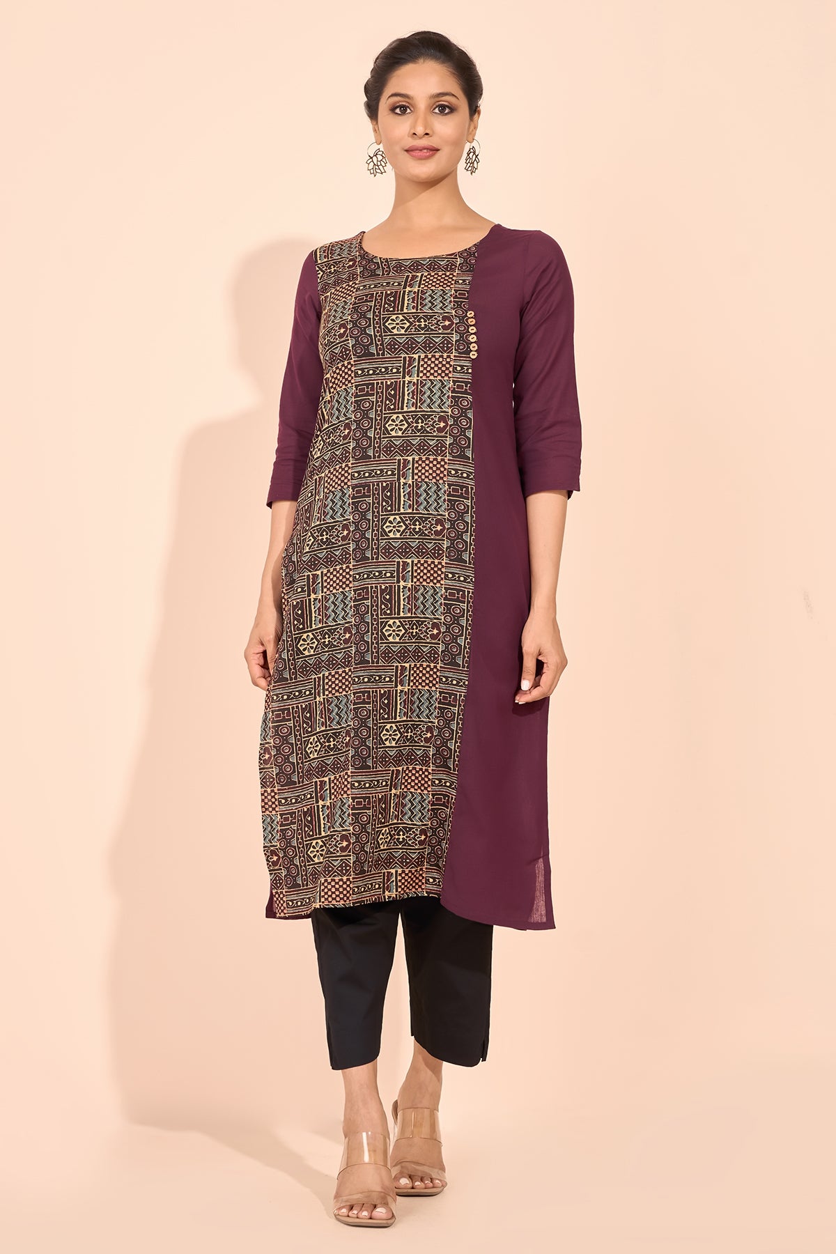 Block Printed Paneled Kurta - Wine