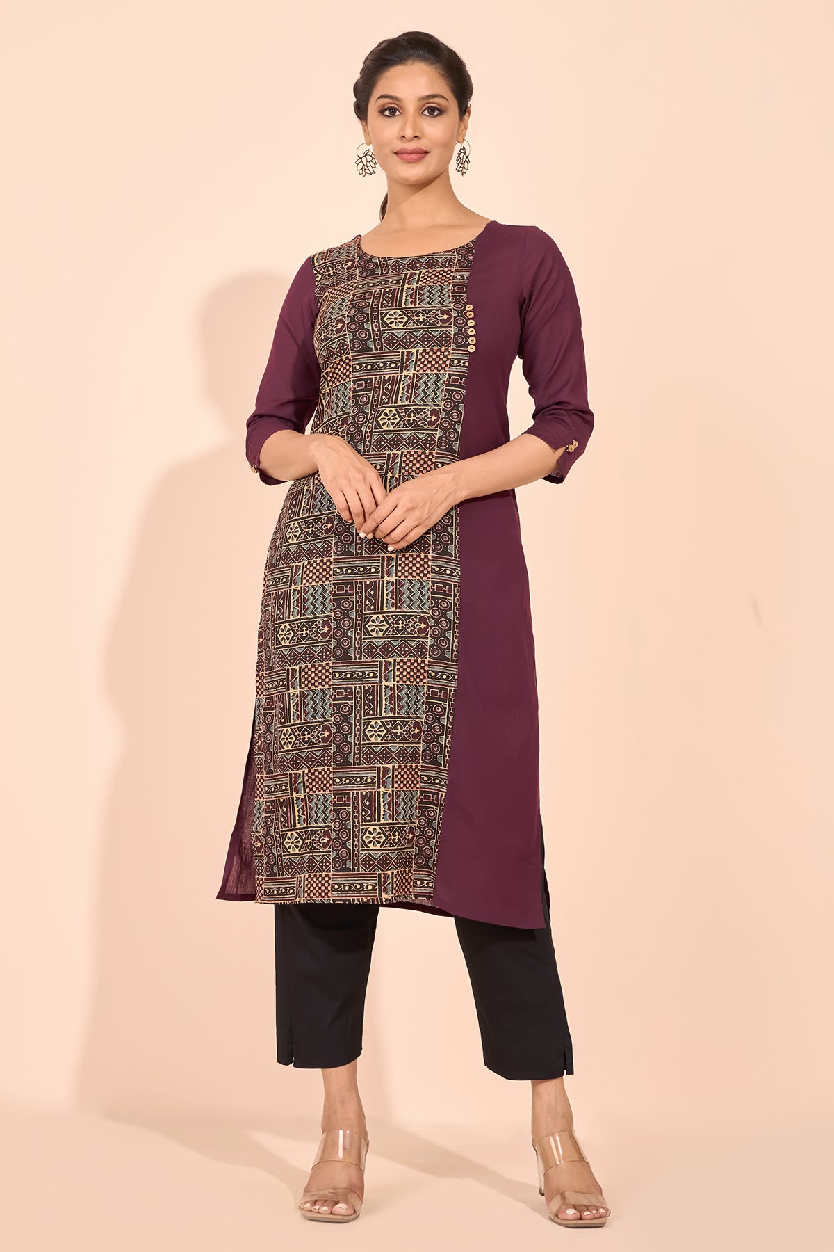 Block Printed Paneled Kurta - Wine