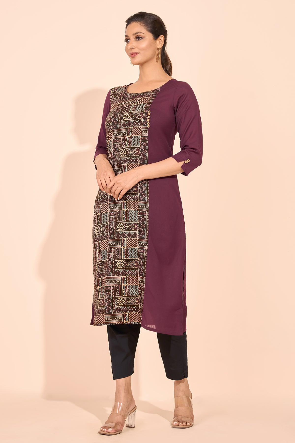 Block Printed Paneled Kurta - Wine