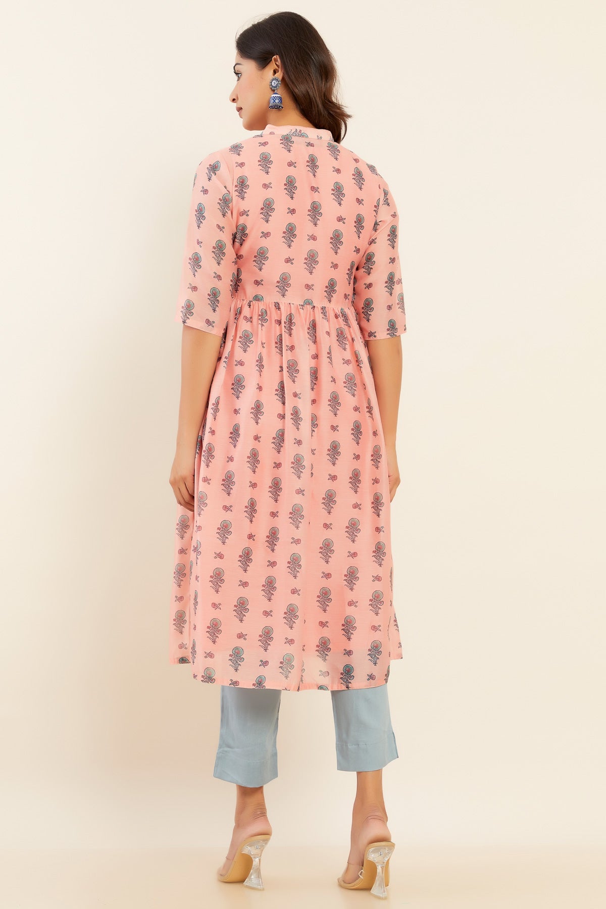 Contrast All Over Floral Printed Kurta - Peach