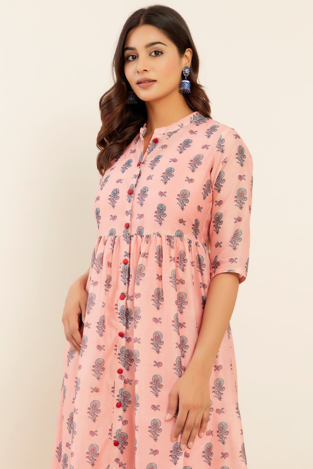 Contrast All Over Floral Printed Kurta Peach