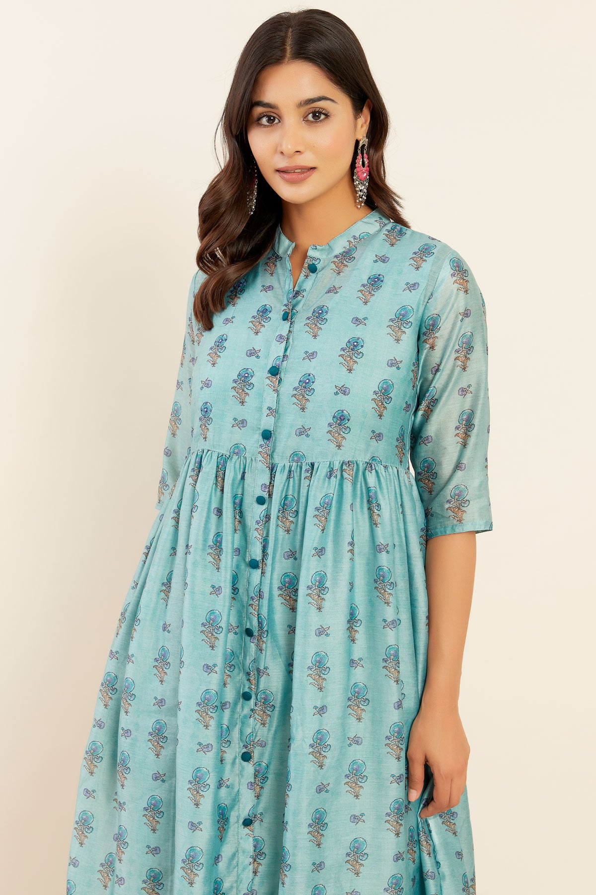 Contrast All Over Floral Printed Kurta Blue