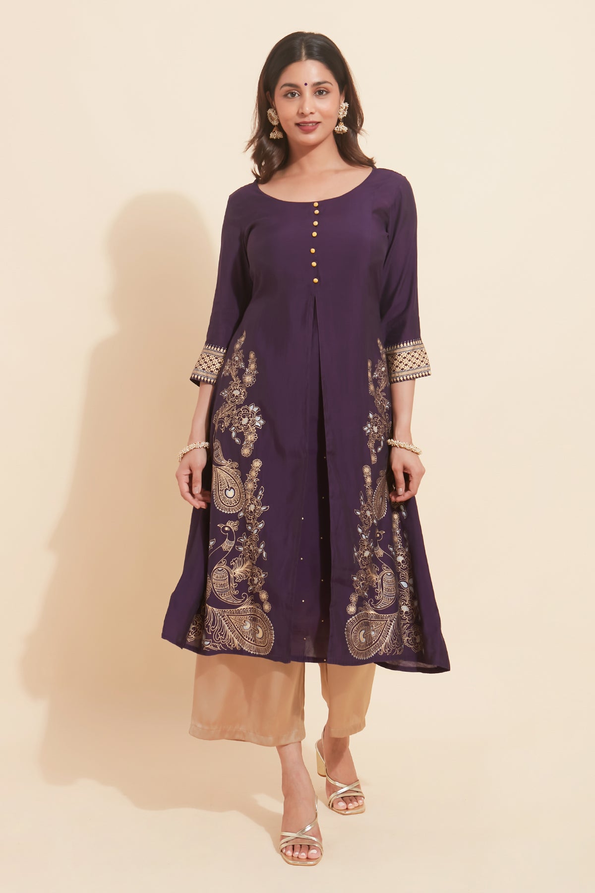 Peacock Motif Printed With Front Slit Kurta Purple