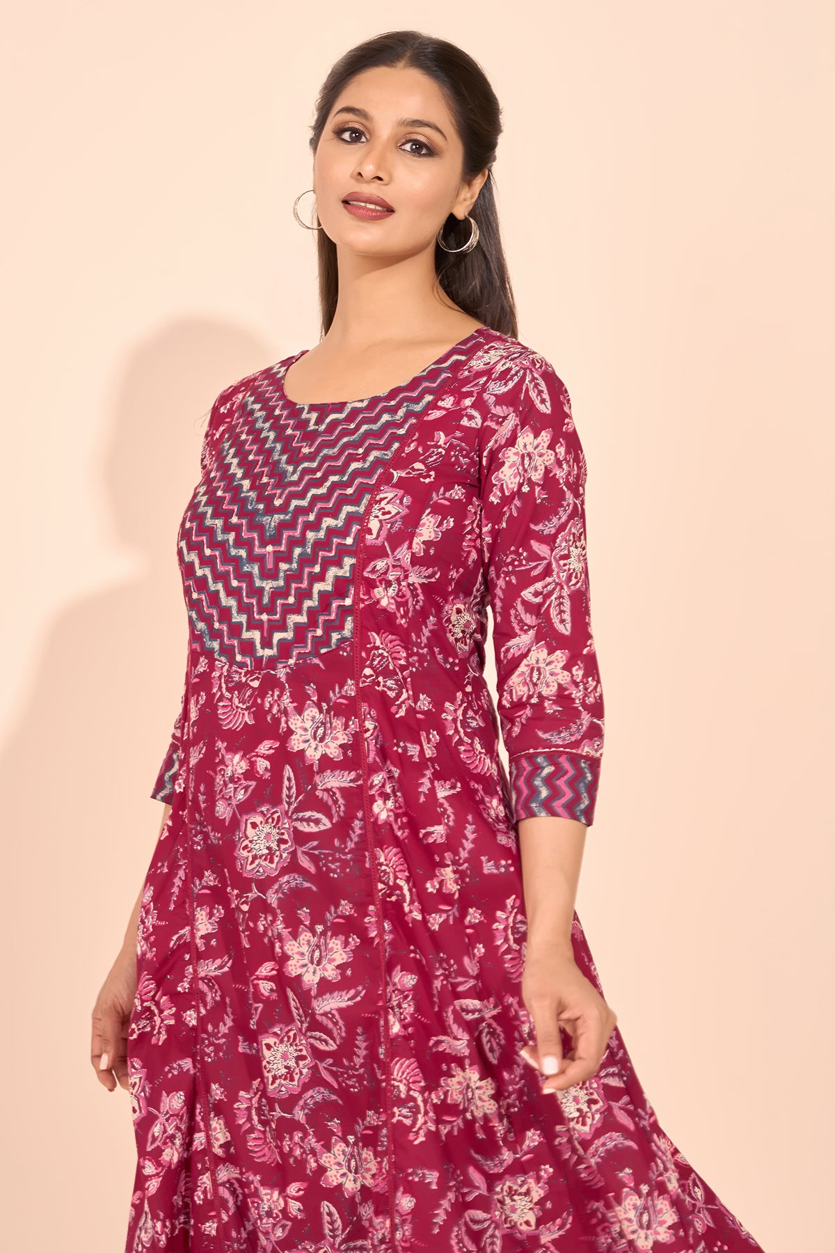 Floral Block Printed Foil Mirror Embellished Kurta - Pink