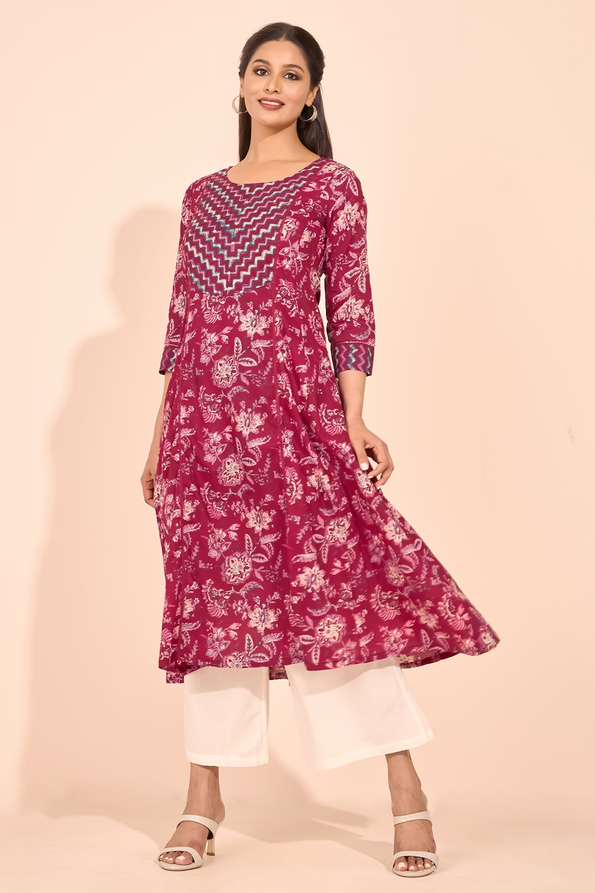 Floral Block Printed Foil Mirror Embellished Kurta - Pink