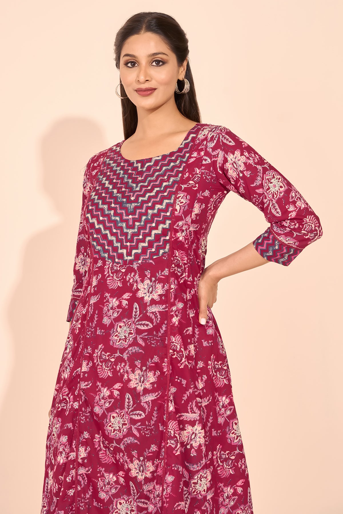 Floral Block Printed Foil Mirror Embellished Kurta - Pink