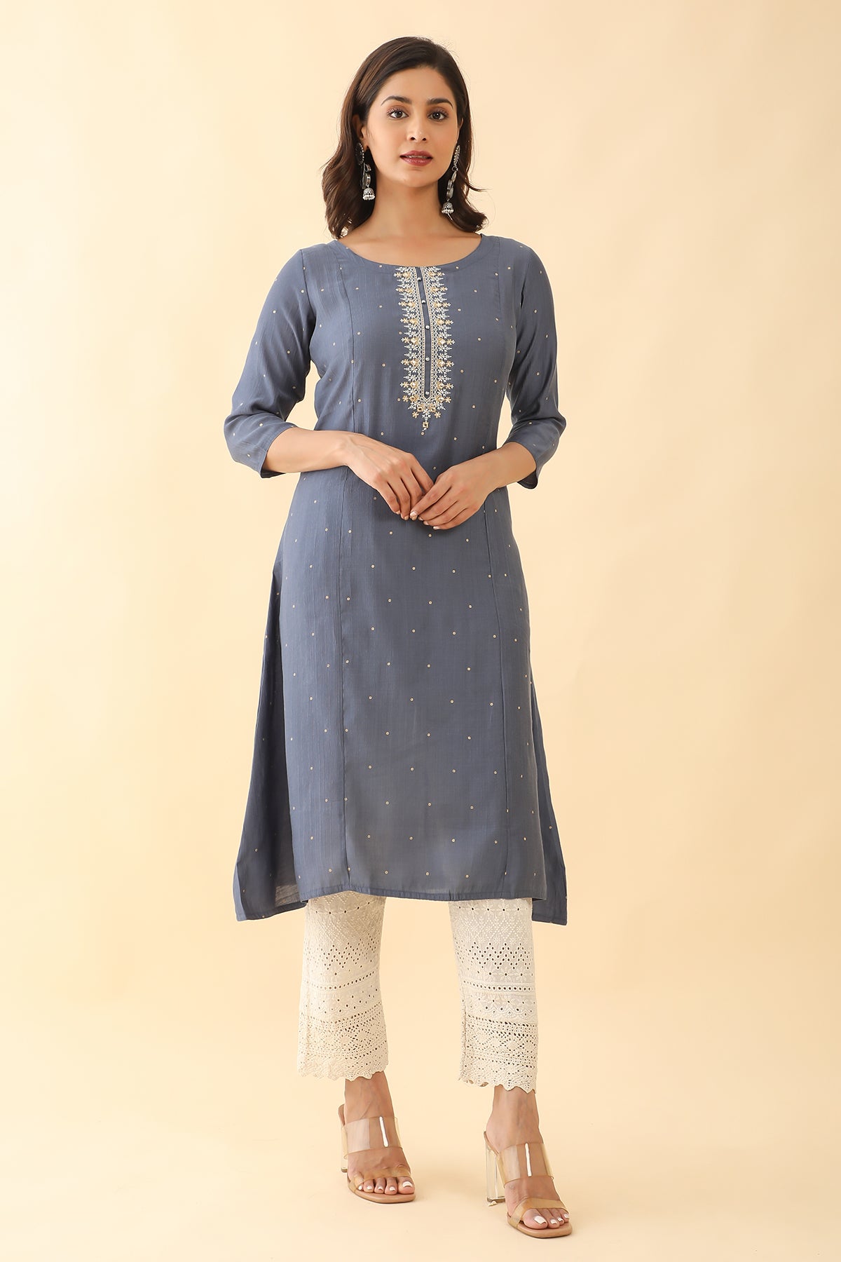 Foil Mirror Embellished With Floral Embroidered A line Kurta Grey