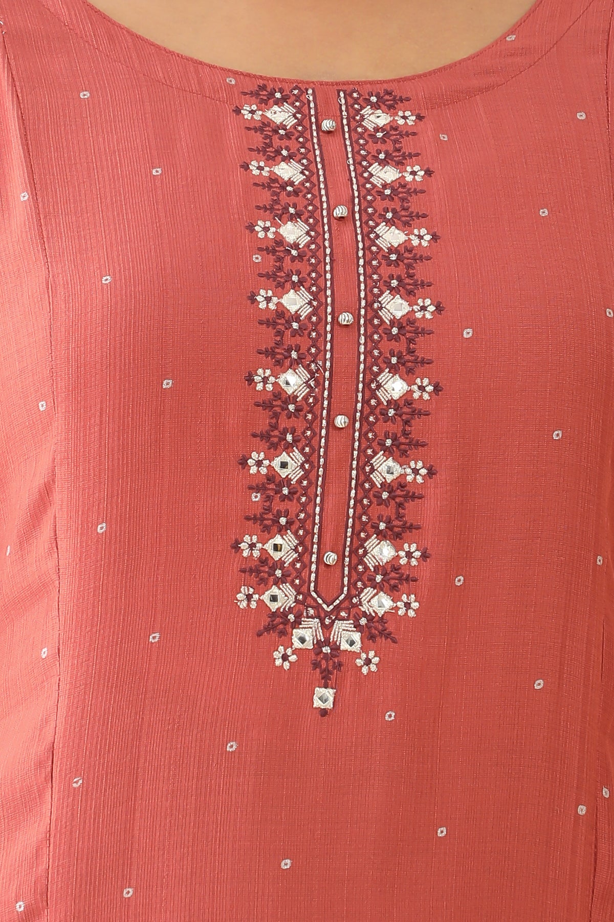 Foil Mirror Embellished With Floral Embroidered A line Kurta Peach