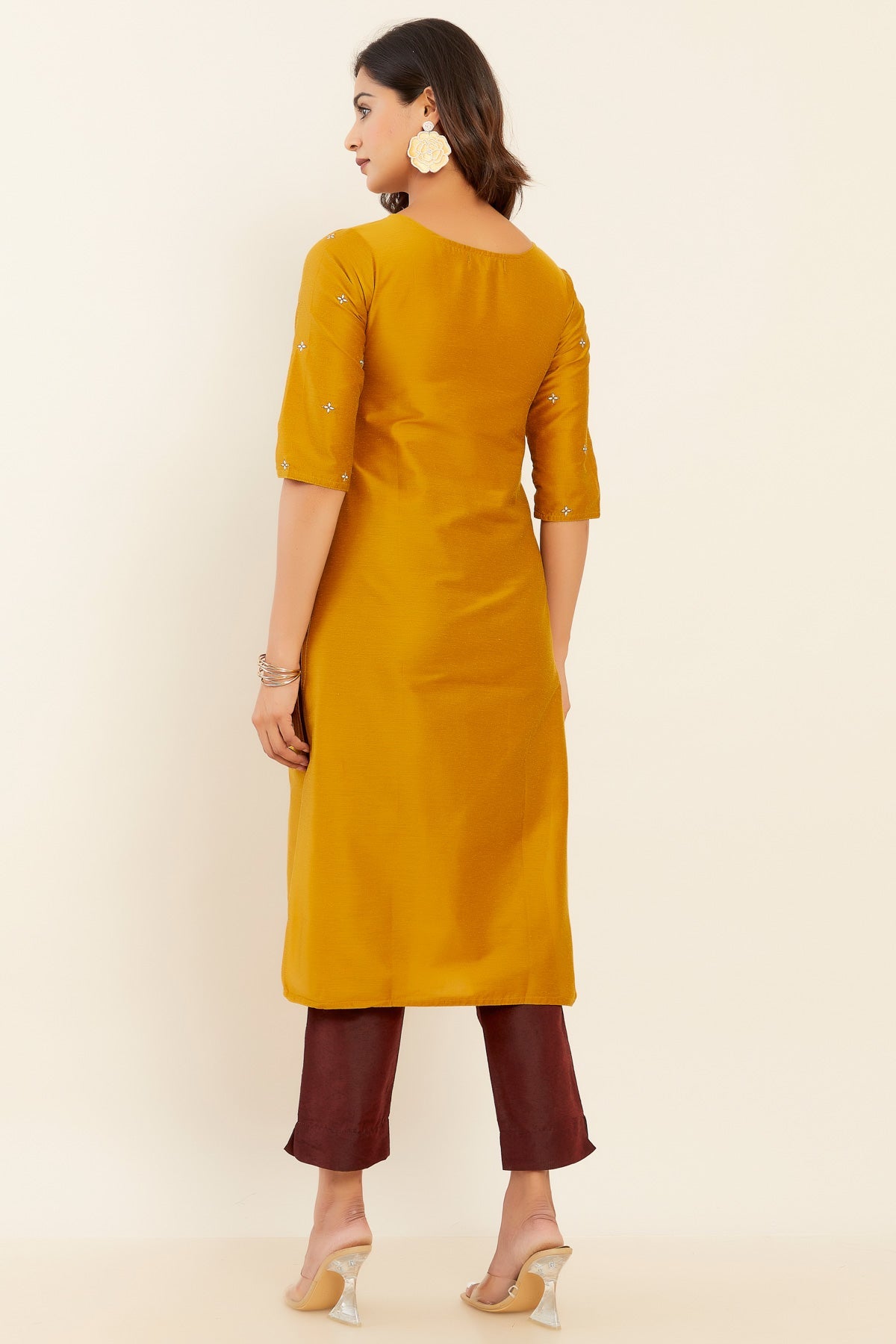 Contrast Floral Embroidered Kurta Mustard