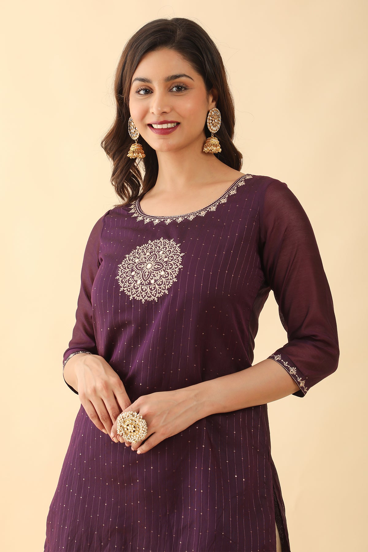 All Over Sequins Mandala Embroidered Kurta Purple