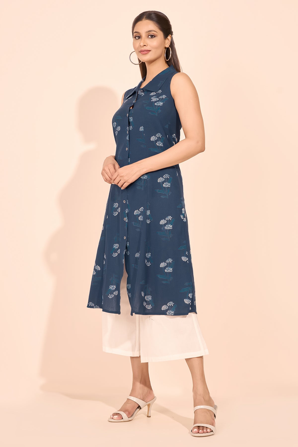 Floral Printed A-Line Kurta - Navy