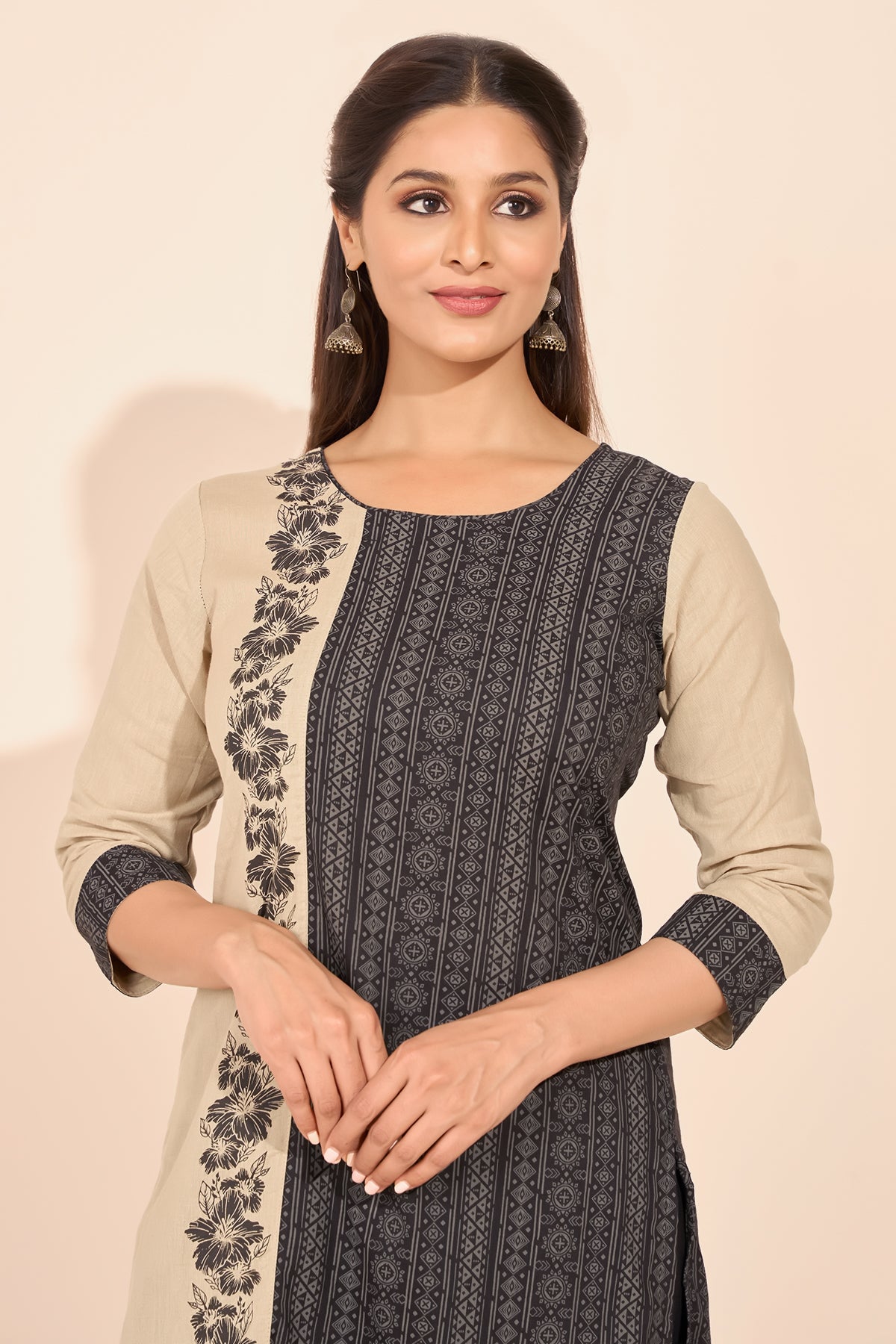 Floral Printed Paneled Kurta - Beige