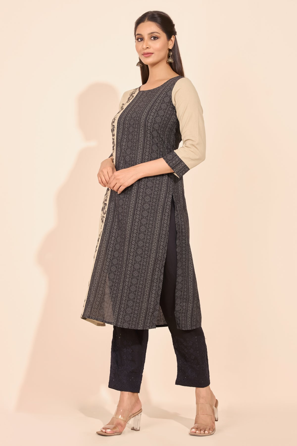 Floral Printed Paneled Kurta - Beige