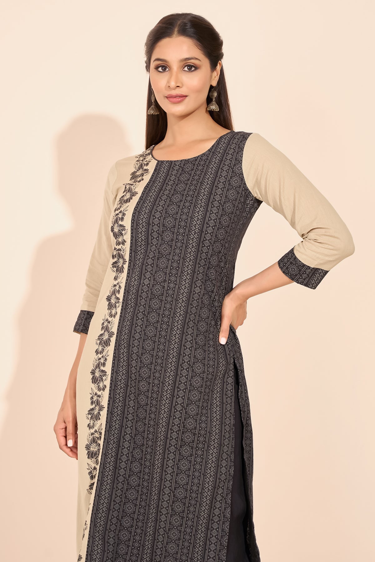 Floral Printed Paneled Kurta - Beige