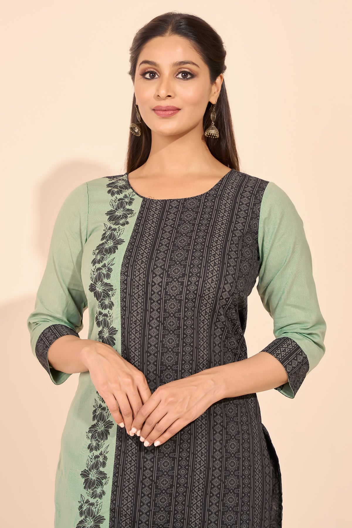 Floral Printed Paneled Kurta - Green