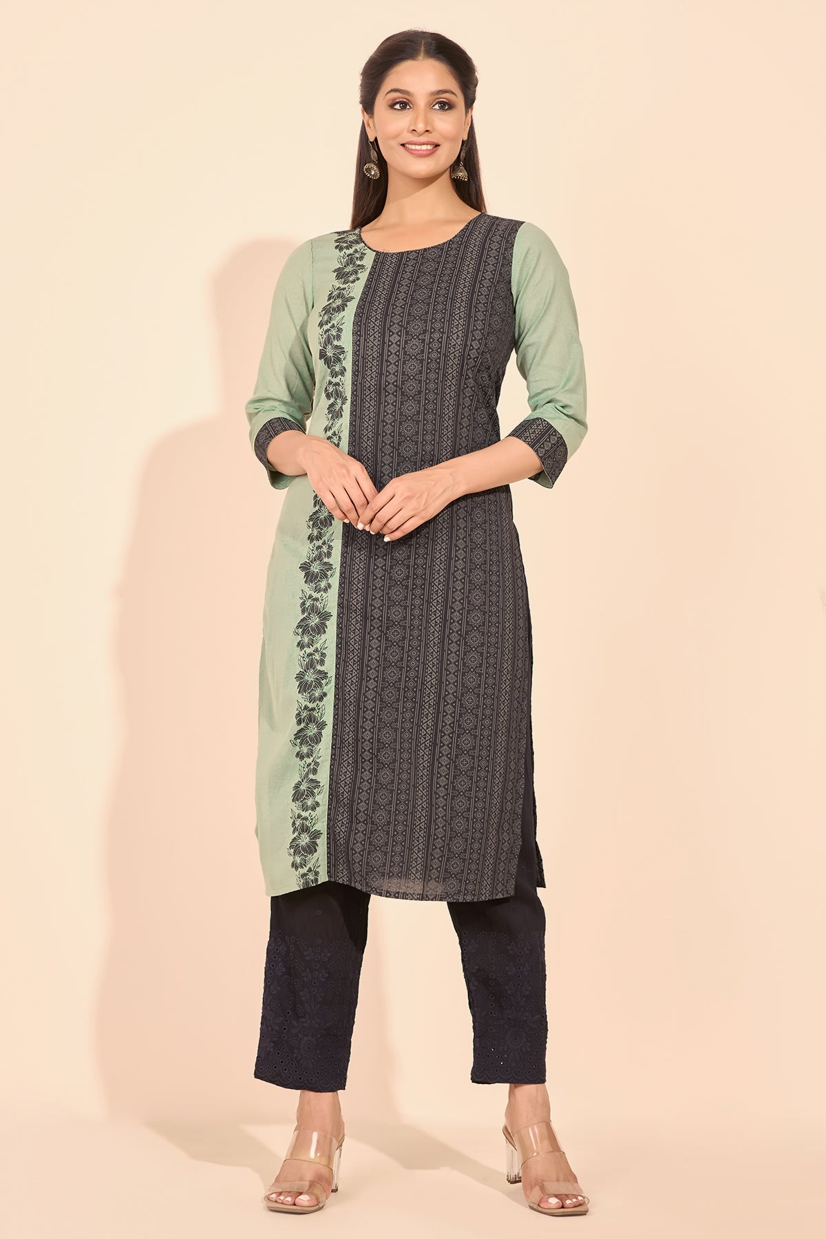 Floral Printed Paneled Kurta - Green