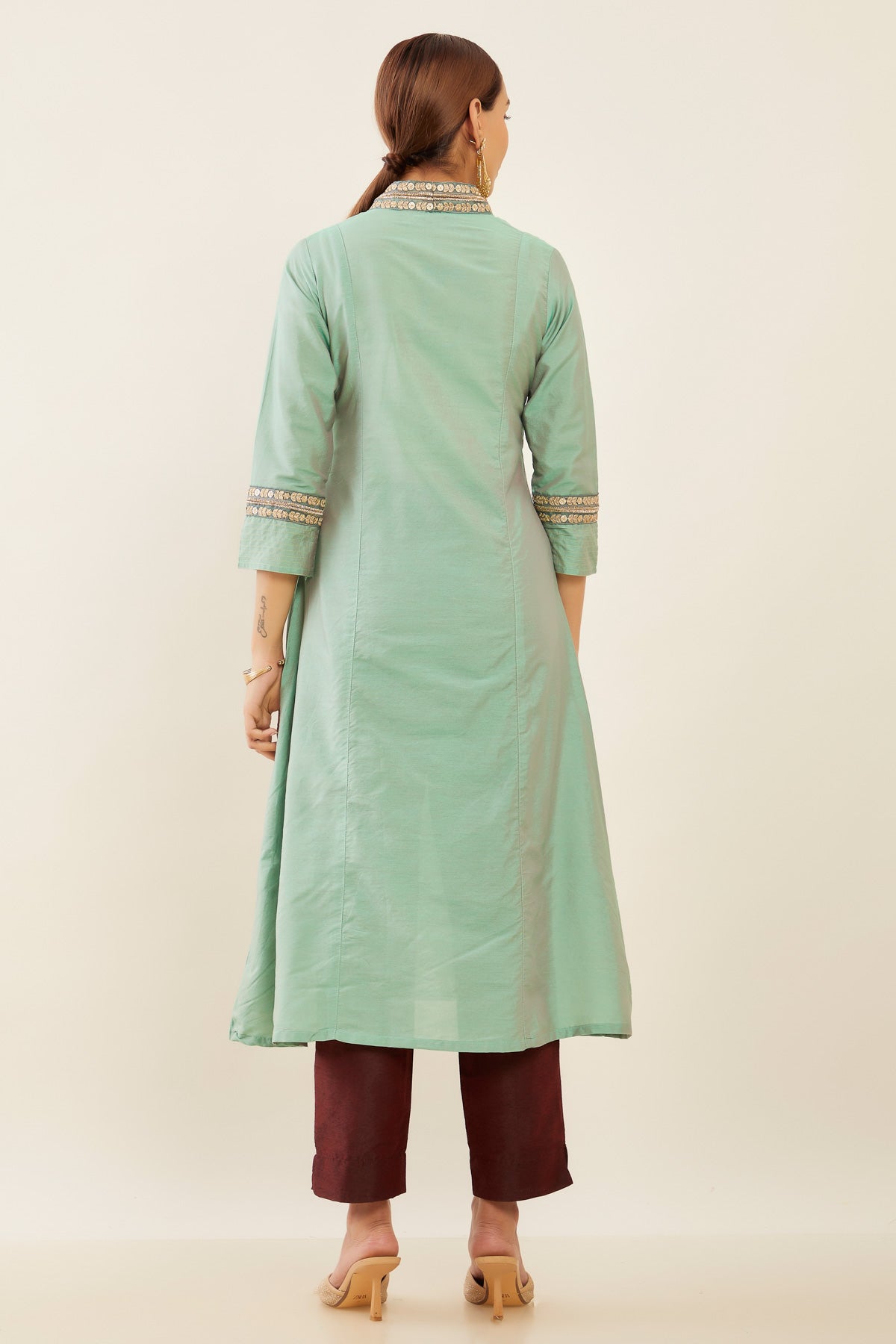 Gold Embellished Placket With Solid Kurta - Green