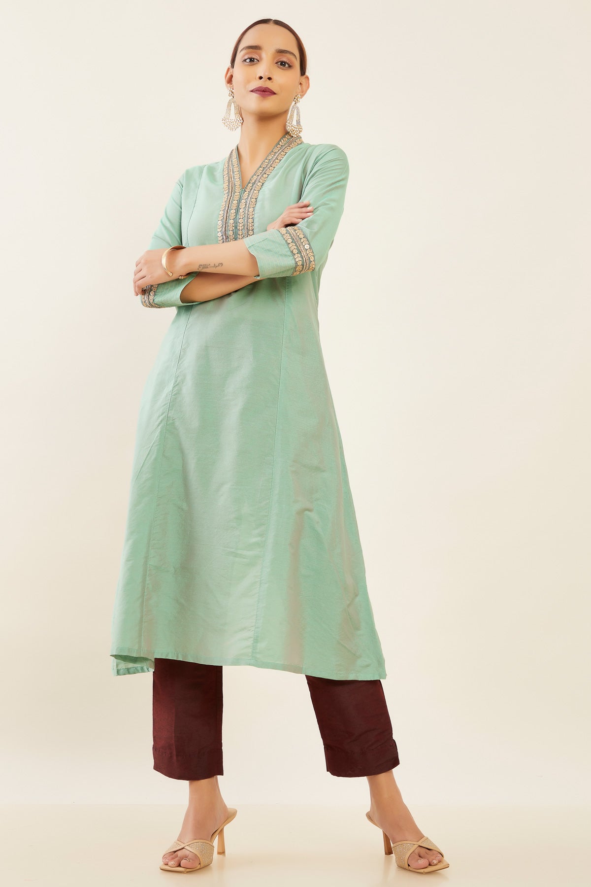 Gold Embellished Placket With Solid Kurta - Green