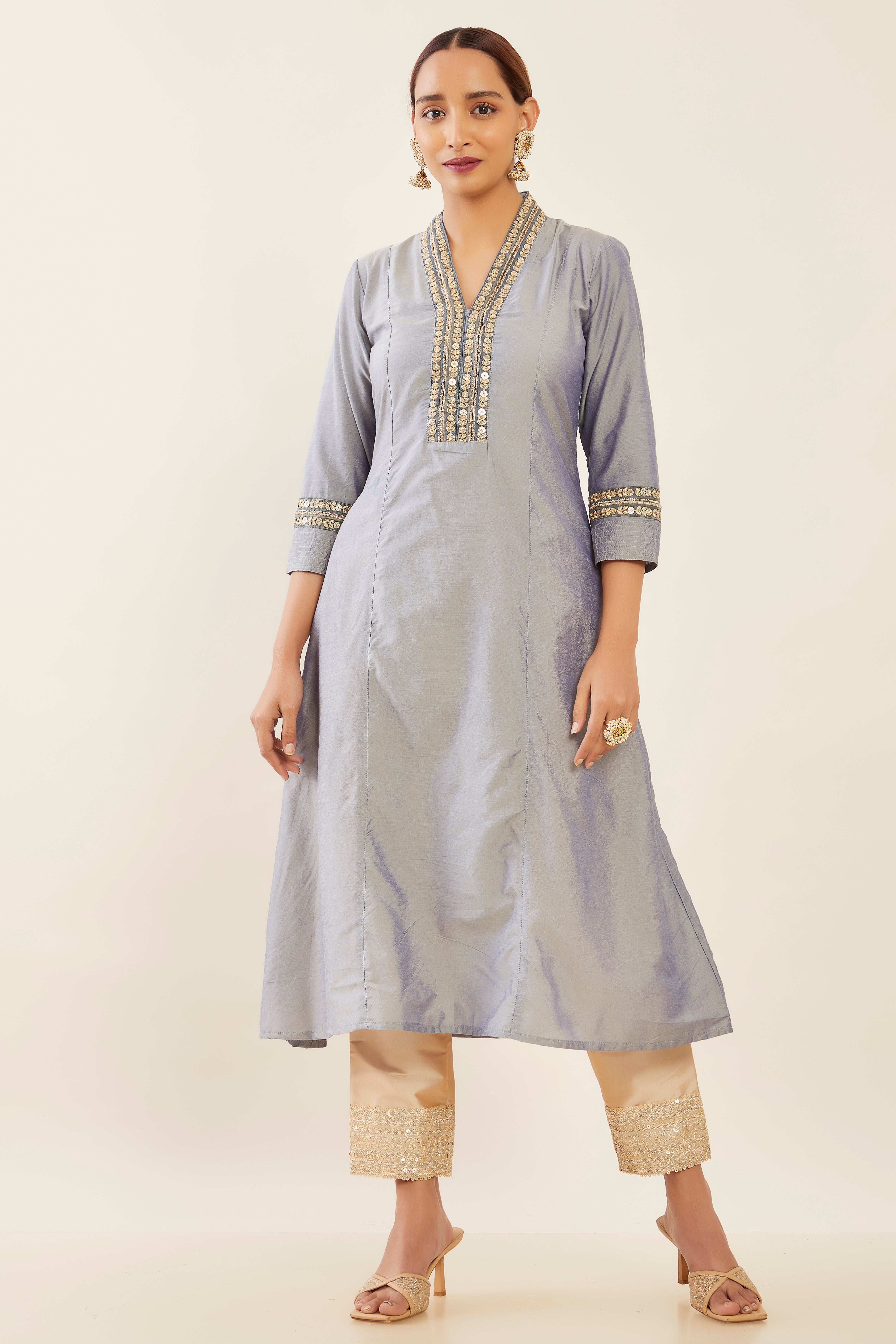 Gold Embellished Placket With Solid Kurta Grey