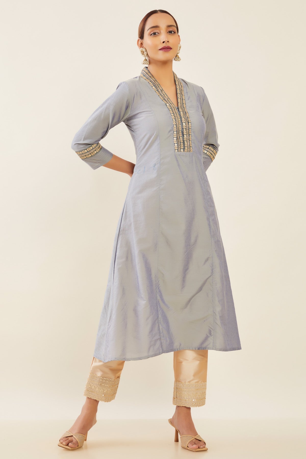 Gold Embellished Placket With Solid Kurta Grey