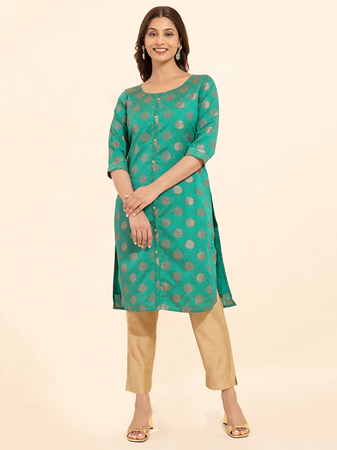 Allover Peacock Motif Brocade Kurta Green