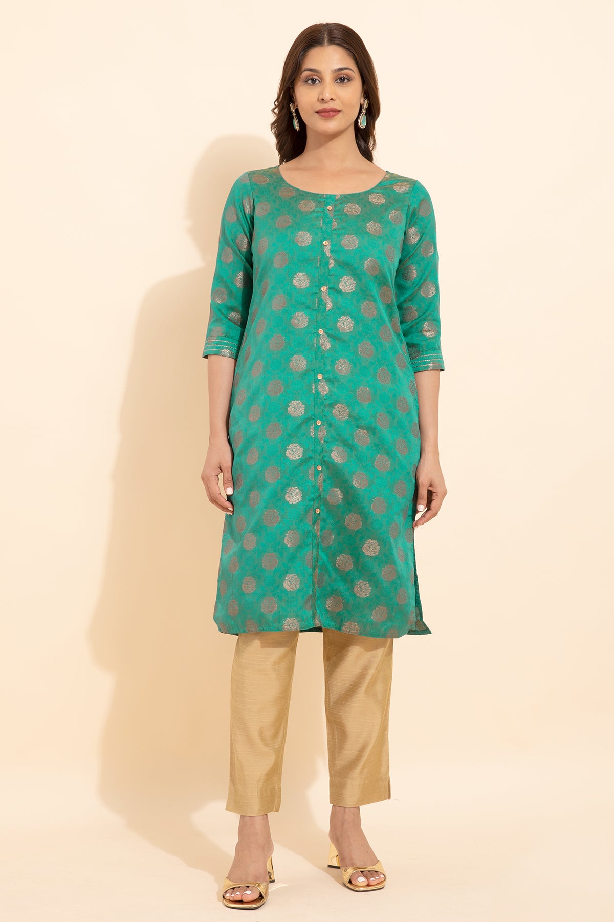 Allover Peacock Motif Brocade Kurta Green