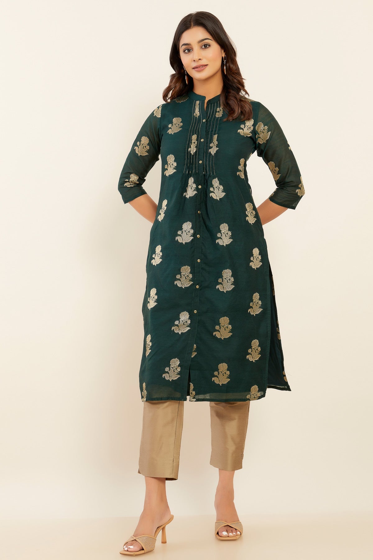 Pintuck Rose Motif Brocade Kurta Green