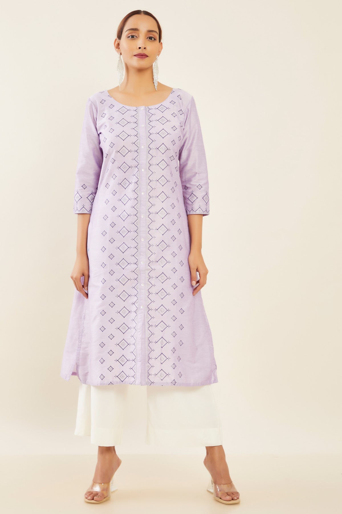 Diagonal Geometric Printed Centre Front Slit Kurta - Purple