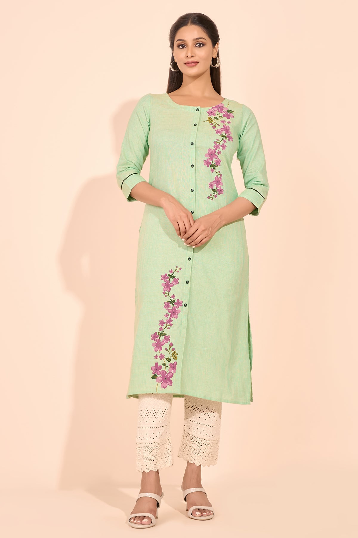 Floral Placement Printed Kurta - Green