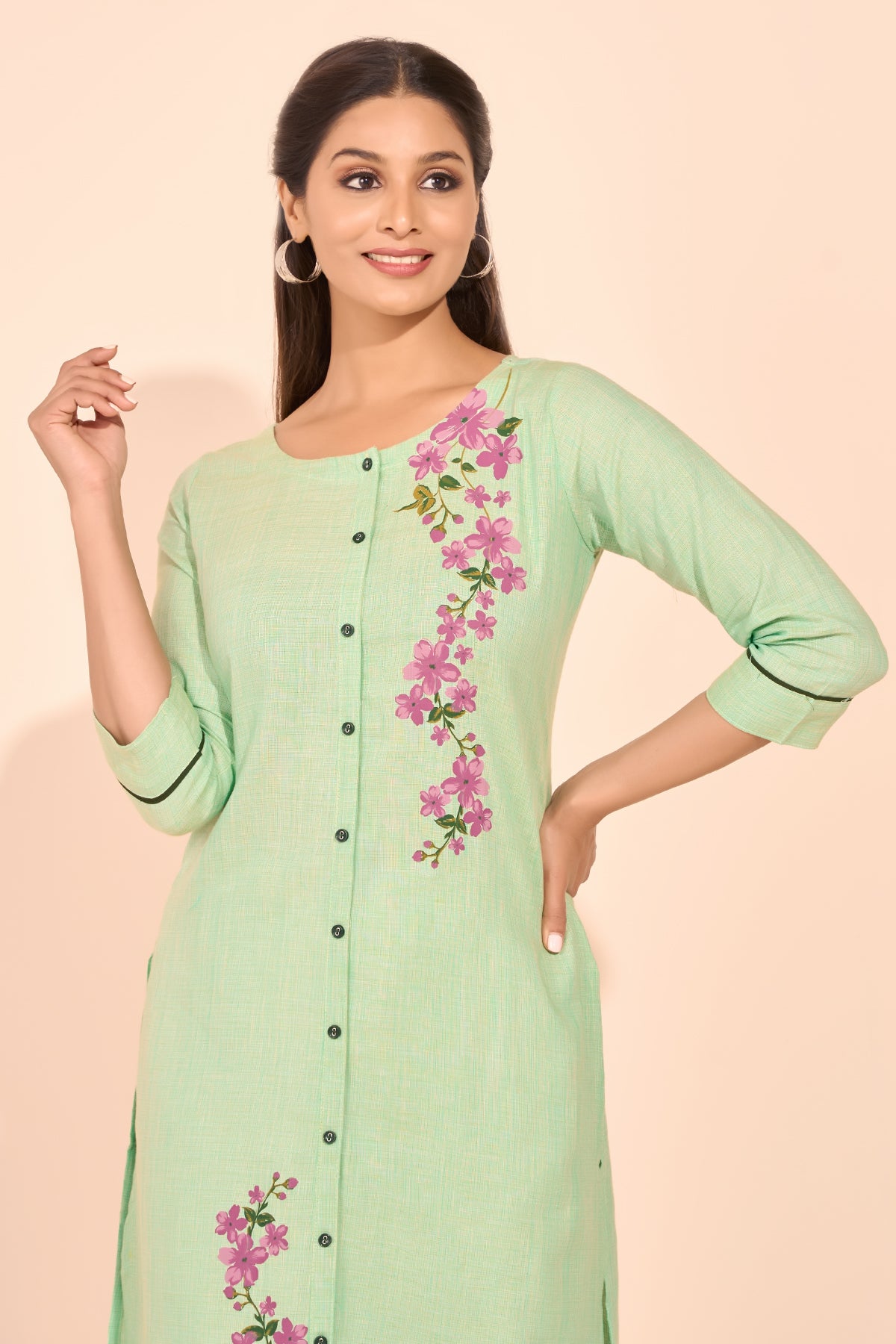 Floral Placement Printed Kurta - Green