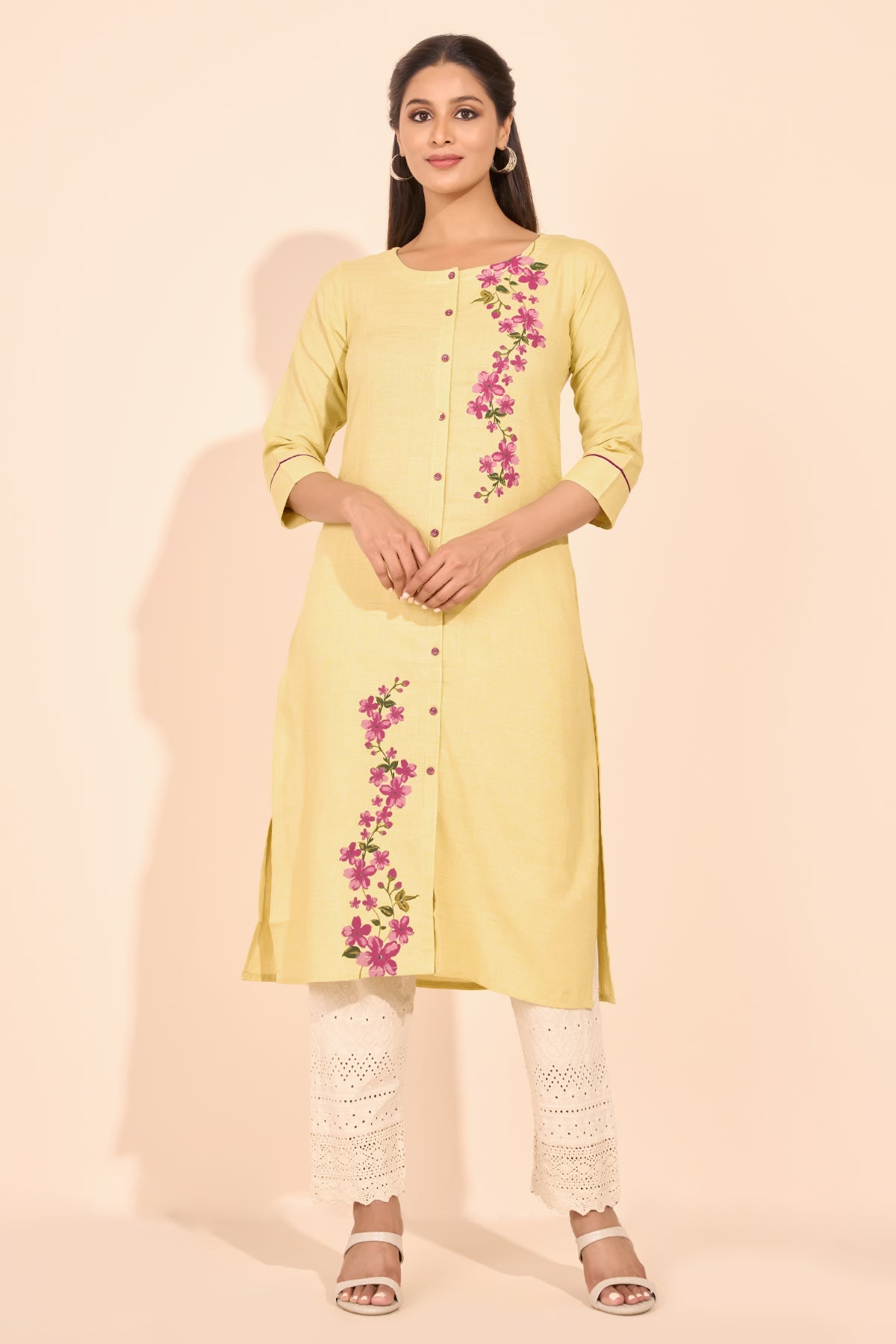 Floral Placement Printed Kurta - Yellow