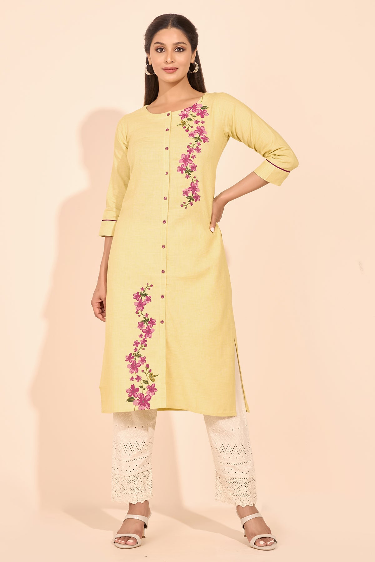 Floral Placement Printed Kurta - Yellow