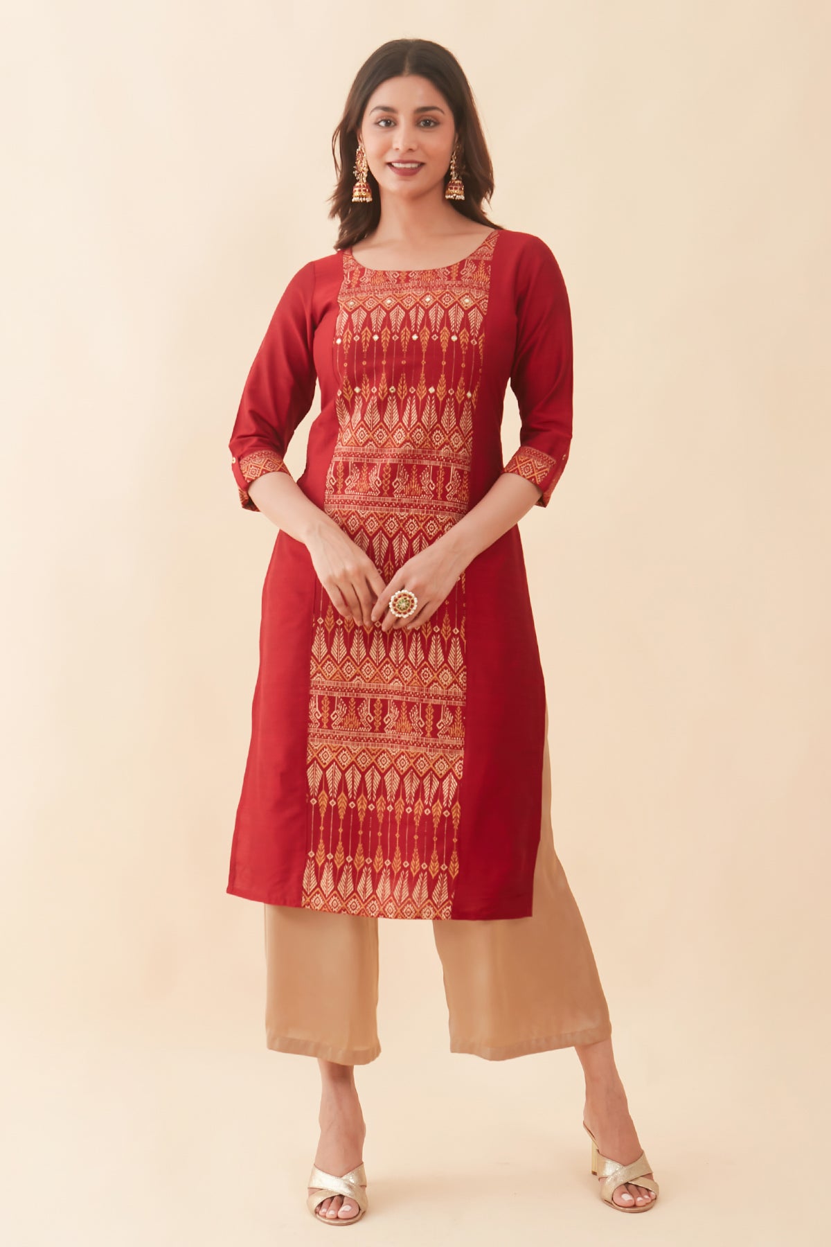 Ikkat Printed With Foil Mirror Embellished Kurta Red