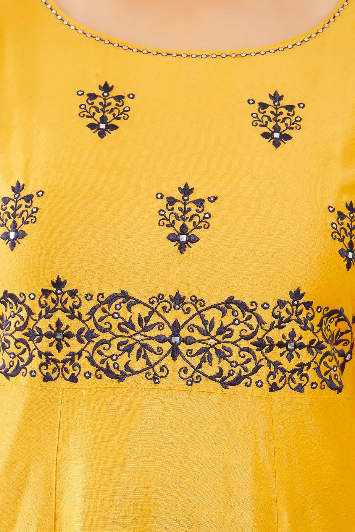 Floral & Mirror Work Embroidered Kurta - Yellow