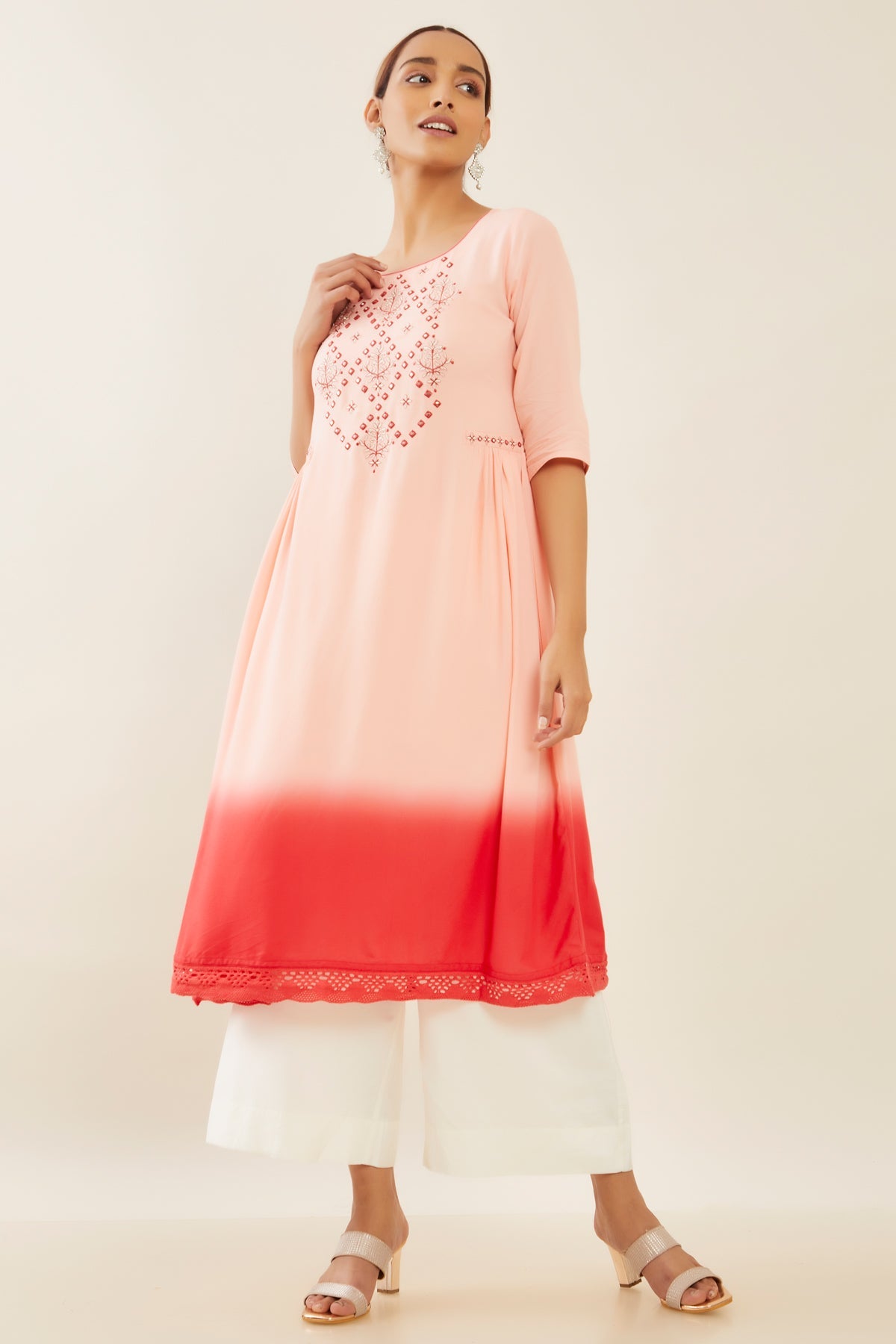 Tie Dye Embroidered With Foil Mirror Kurta Peach