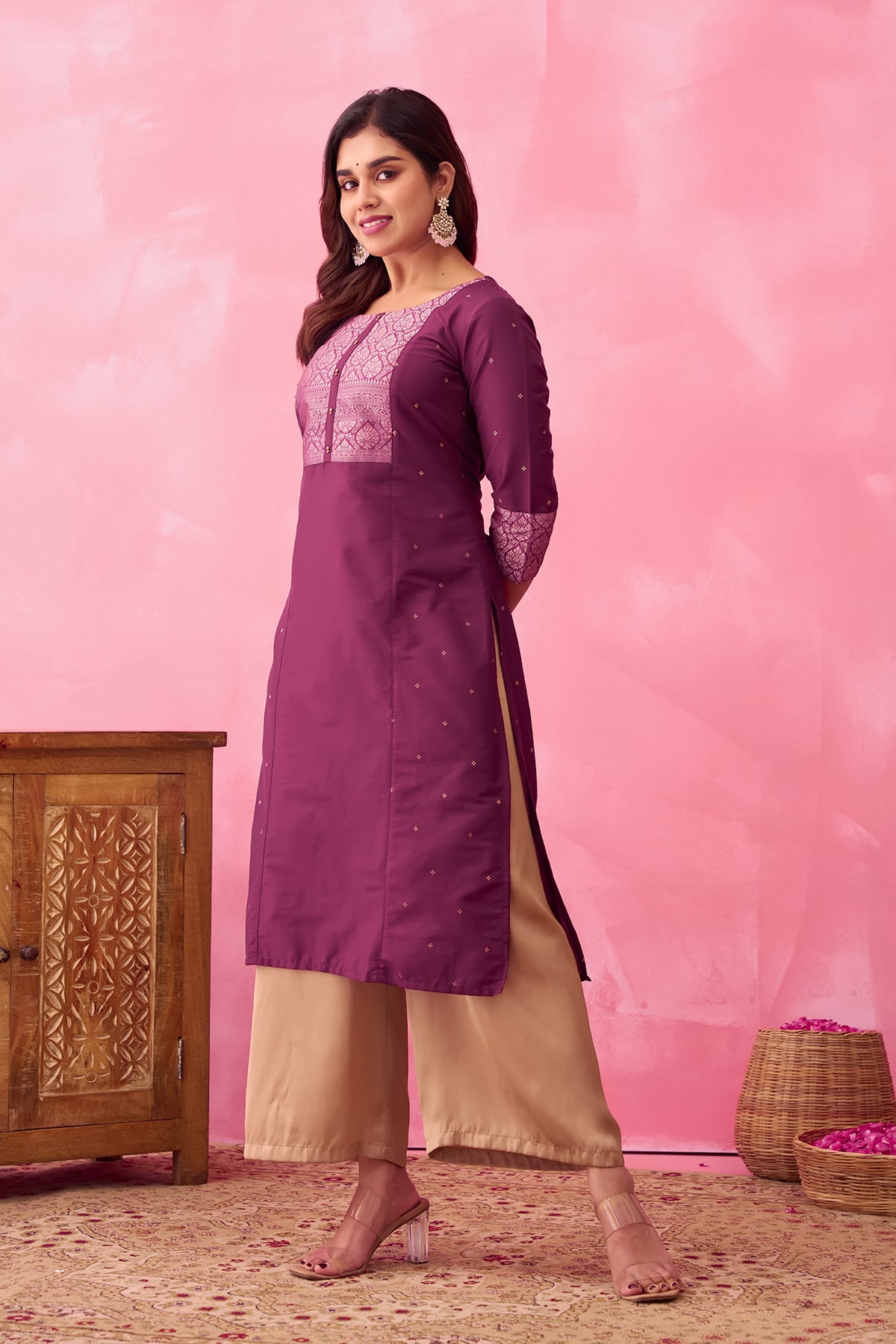 Kundan Stone Embellished Kurta with Yoke Patchwork - Wine
