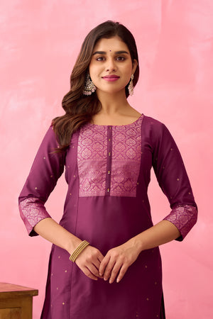 Kundan Stone Embellished Kurta with Yoke Patchwork - Wine
