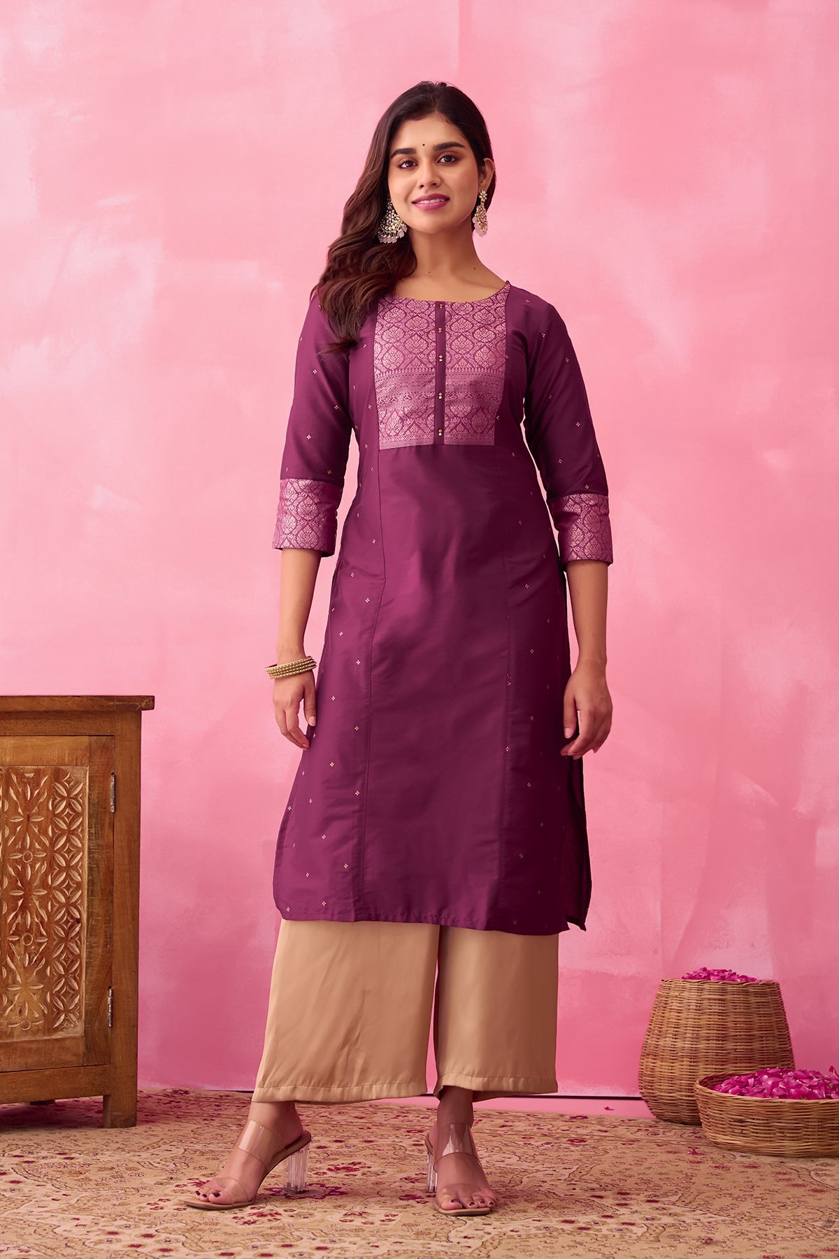 Kundan Stone Embellished Kurta with Yoke Patchwork - Wine
