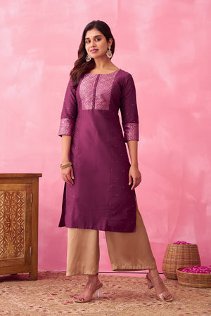 Kundan Stone Embellished Kurta with Yoke Patchwork - Wine