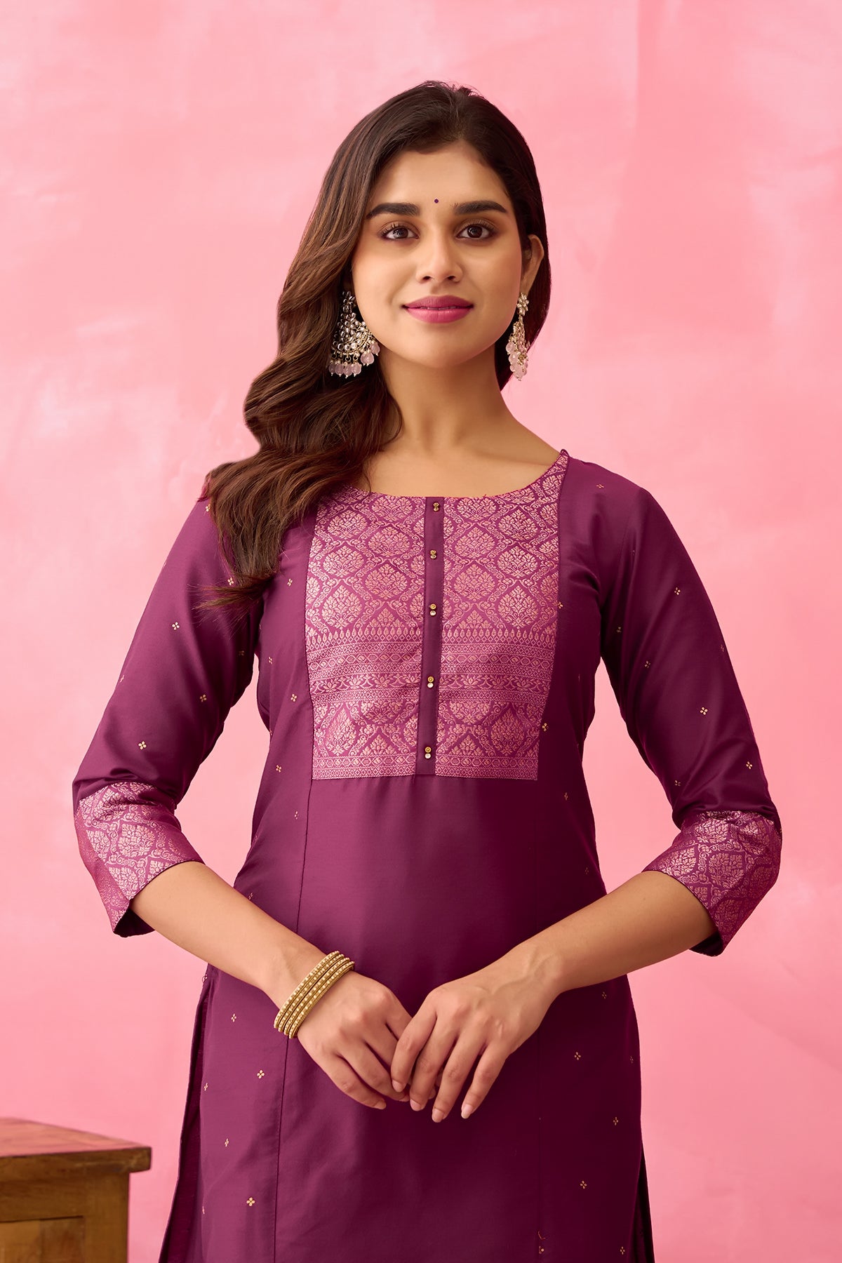 Kundan Stone Embellished Kurta with Yoke Patchwork - Wine