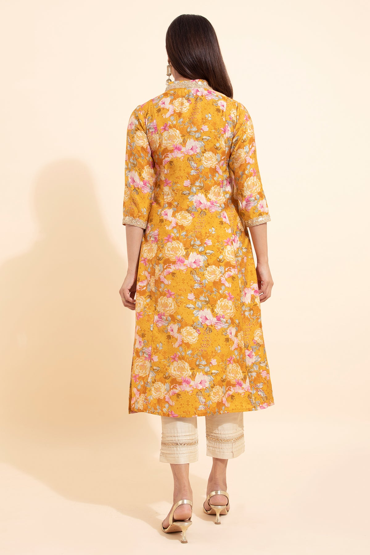 Lace Embellished Floral Printed Kurta - Mustard