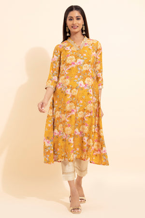 Lace Embellished Floral Printed Kurta - Mustard