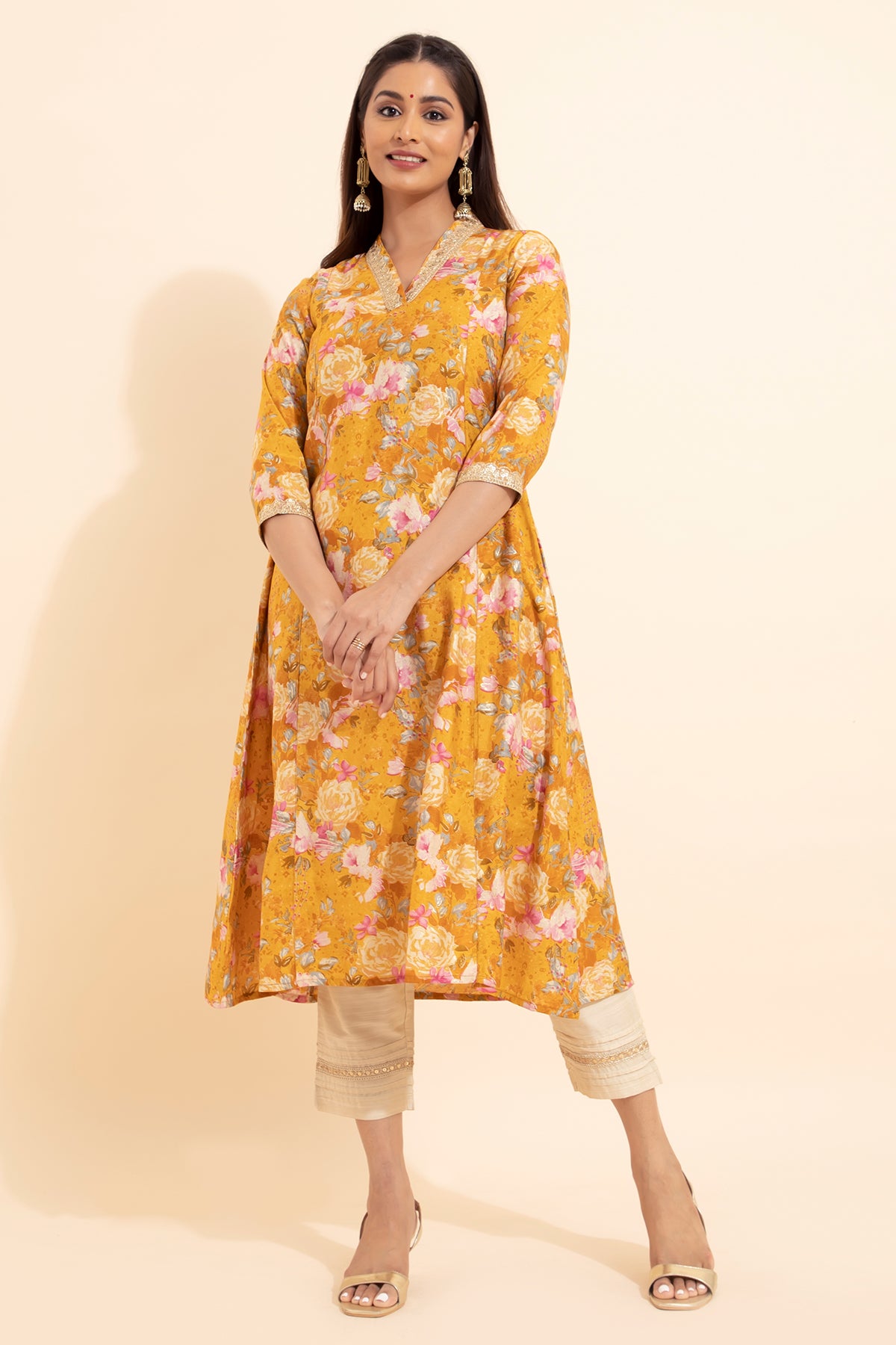 Lace Embellished Floral Printed Kurta - Mustard