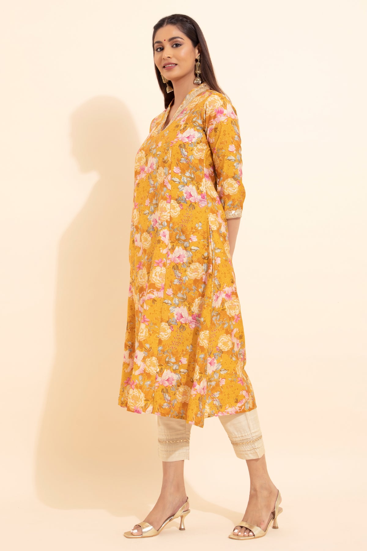 Lace Embellished Floral Printed Kurta - Mustard