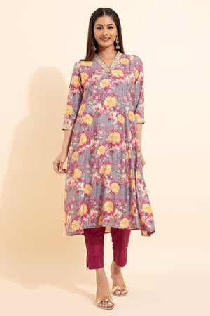 Lace Embellished Floral Printed Kurta - Pink