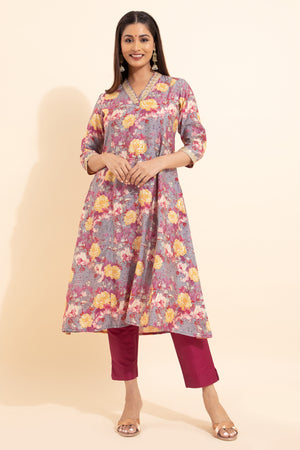 Lace Embellished Floral Printed Kurta - Pink